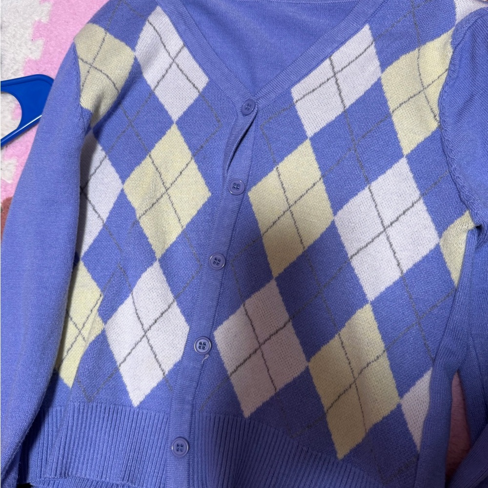 SHEIN Lavender and Cream Argyle Cardigan